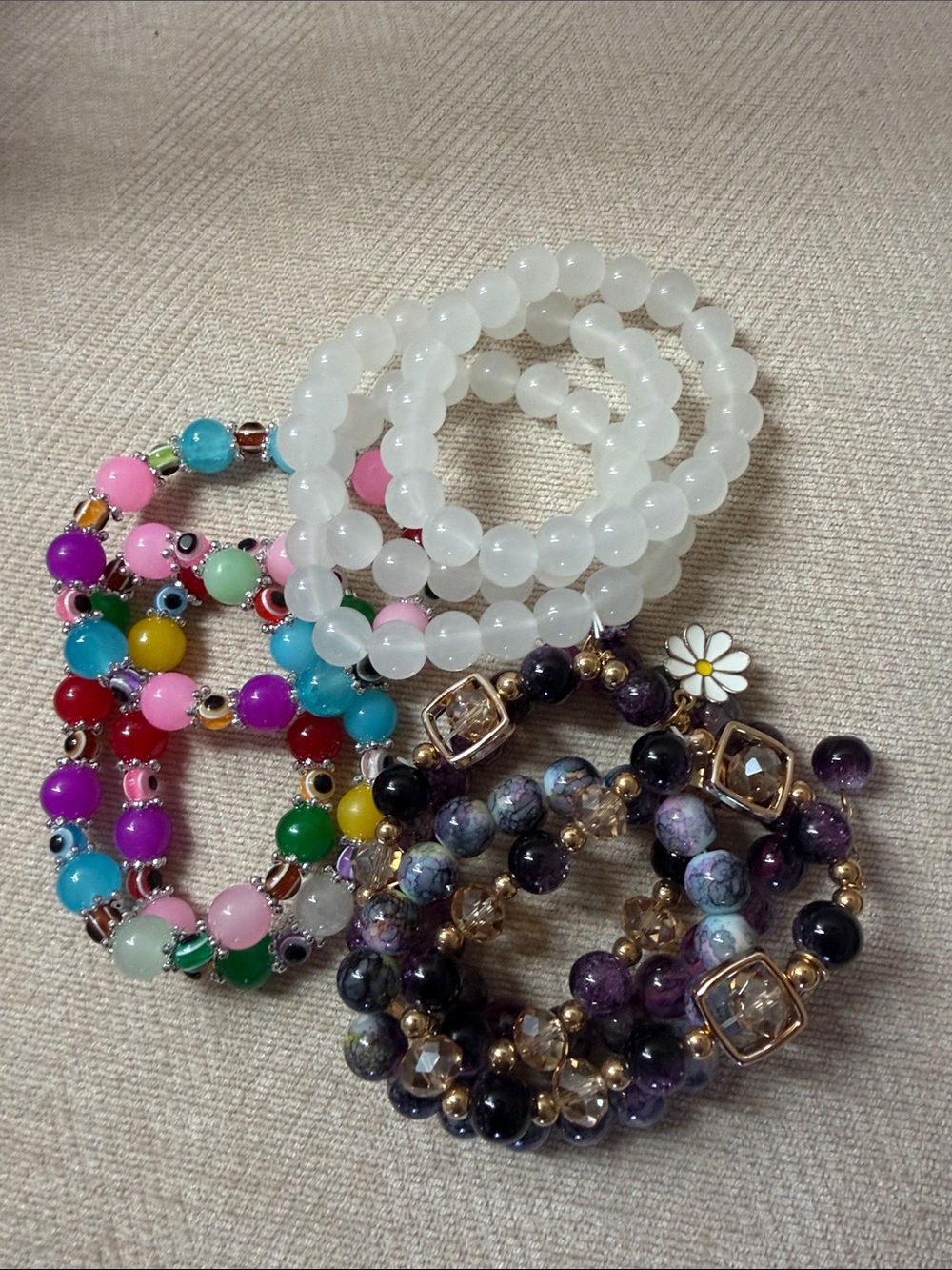 Source Unknown Multicolor, White & Purple Beaded Stack Bracelets Set